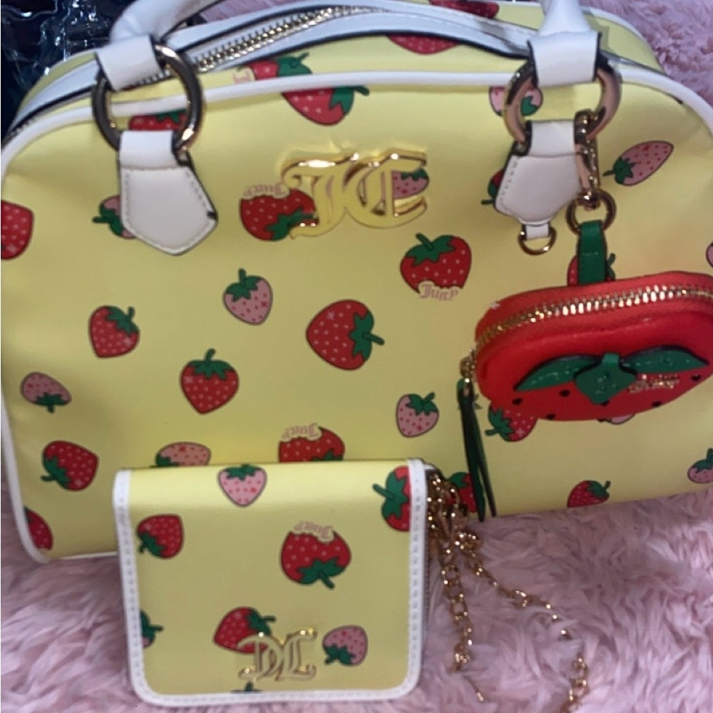 Juicy Couture Yellow and Red Satchel with Strawberry Print